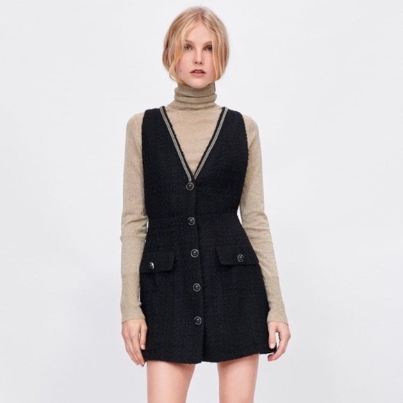 ZARA Bloggers Favorite Tweed Sleeveless Pinafore Button Front Chain Detail Dress - Picture 1 of 9